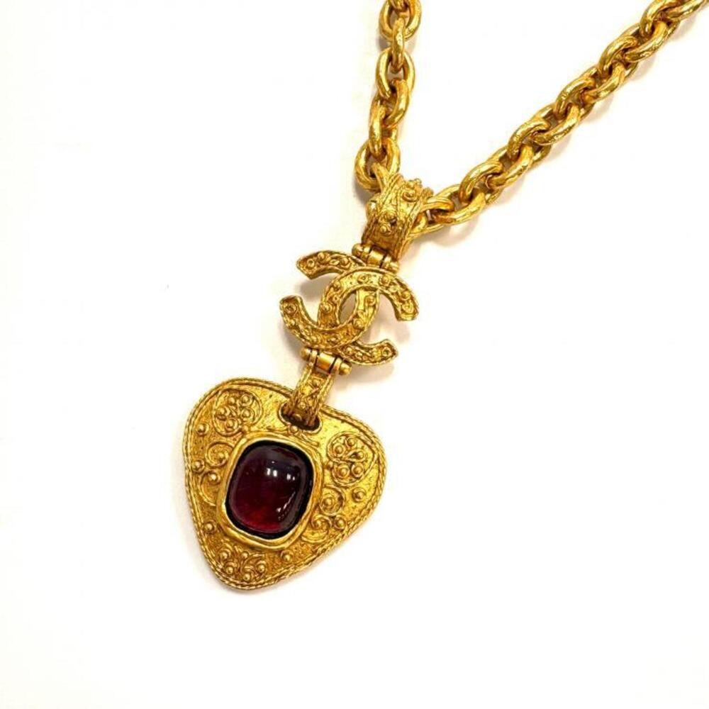 Chanel Coco Mark Gripoix Long Chain Necklace Gold Red Heart Vintage CHANEL